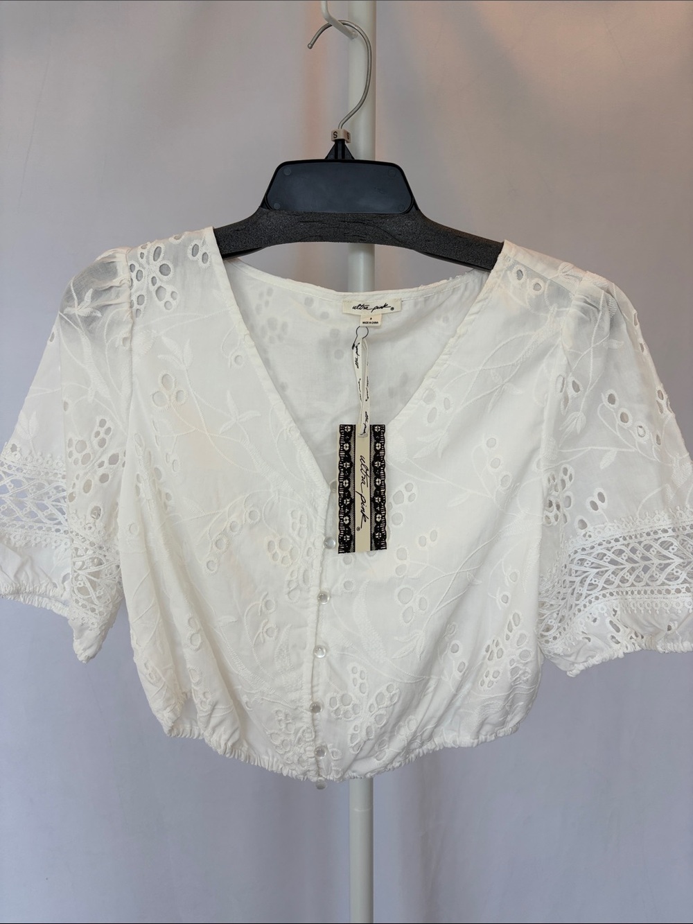 Ultra Pink White Embroidered Eyelet V-Neck Crop Top